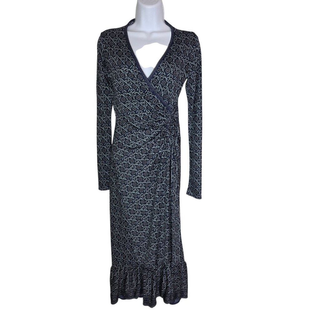 Max Studio Blue Ruched Long Sleeve Boho V Neck Midi Dress Stretchy Ruffle Hem XS